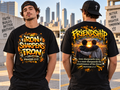 Iron Sharpens Iron T-Shirt — Friendship Scripture Graphic (Proverbs 27:17)