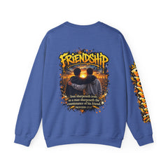 Crewneck Sweatshirt — "Iron Sharpens Iron" Friendship Graphic (Proverbs 27:17)